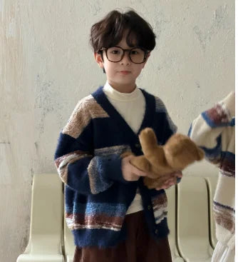 -キッズカーディガン カラフルボーダーVネックニットジャケット 2カラー - mamahalo shop - カーディガン・パーカー -  べビー服 - 子供服 - 男の子 - 女の子