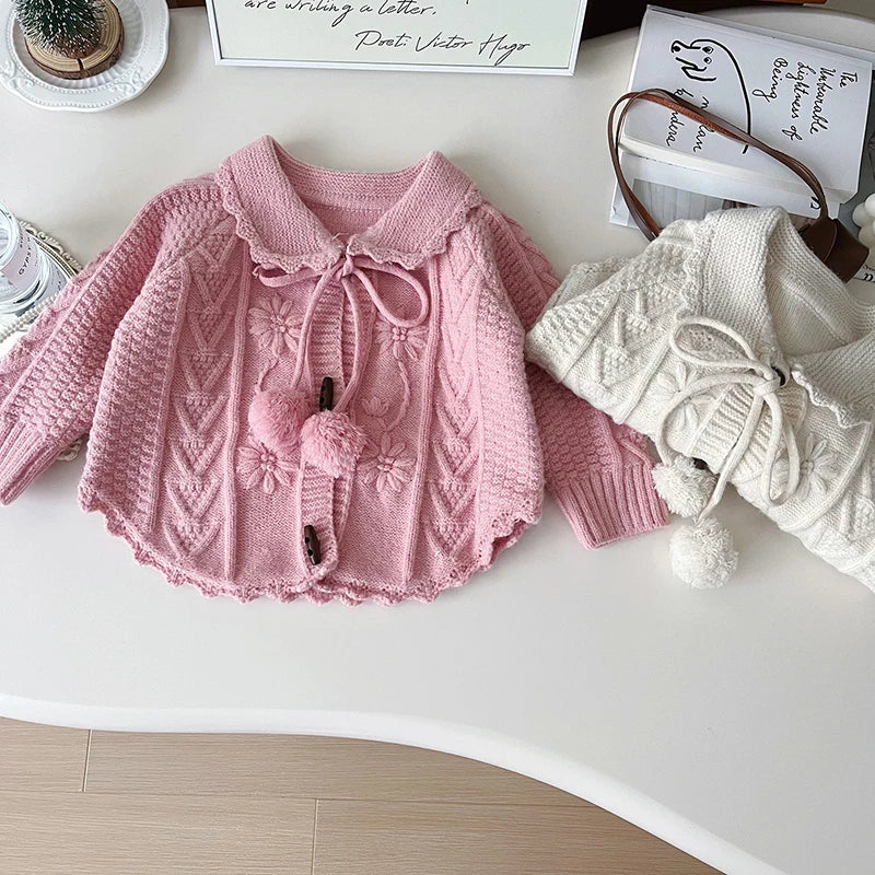 -キッズカーディガン ぽんぽんリボン襟付きニットケープジャケット 2カラー【mh0006937】 - mamahalo shop - カーディガン・パーカー -  べビー服 - 子供服 - 男の子 - 女の子