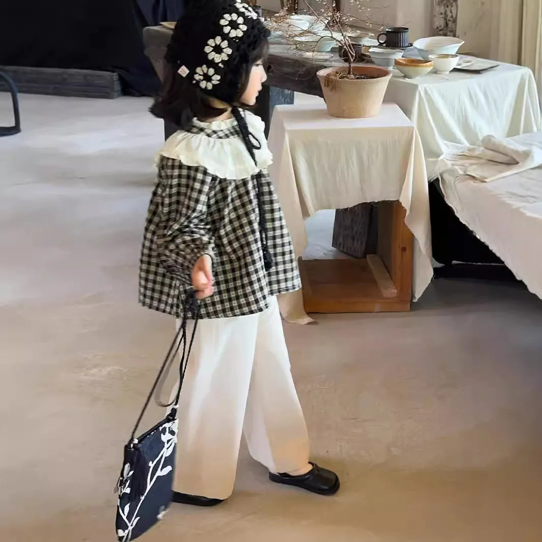 -キッズトップス ラッフル襟チェック長袖チュニックブラウス【mh0007319】 - mamahalo shop - 長袖シャツ・ブラウス -  べビー服 - 子供服 - 男の子 - 女の子