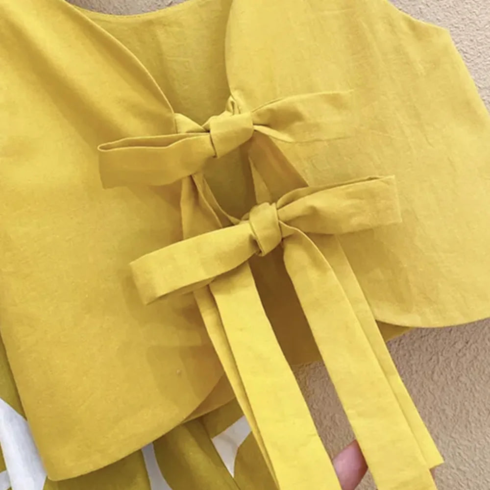 -キッズセットアップ 3点セット バックリボンノースリーブトップス+水玉ドットプリントルーズロングパンツ+麦わら帽子 マスタードイエロー【mh0006120】 - mamahalo shop - ノースリーブセットアップ -  べビー服 - 子供服 - 男の子 - 女の子