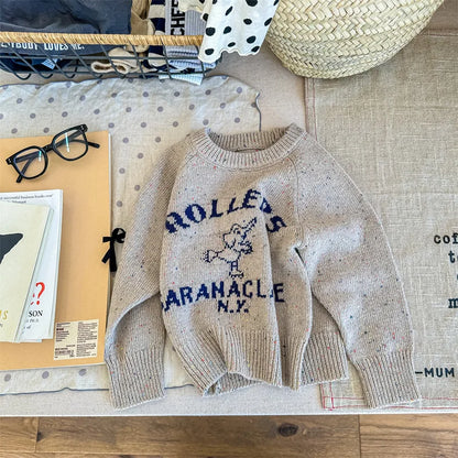 -キッズトップス ニットセーター 象 エレファント ローラースケート柄 カーキ ダークグレー 2カラー【mh0003824】 - mamahalo shop - ニット・セーター -  べビー服 - 子供服 - 男の子 - 女の子