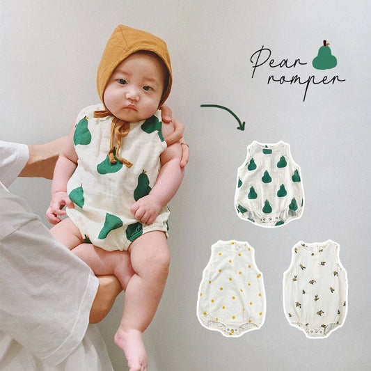 -ベビーロンパース ノースリーブボディスーツ 月ムーン/洋梨/オリーブ/水玉ドットプリント【mh0005689】 - mamahalo shop - ノースリーブロンパース -  べビー服 - 子供服 - 男の子 - 女の子