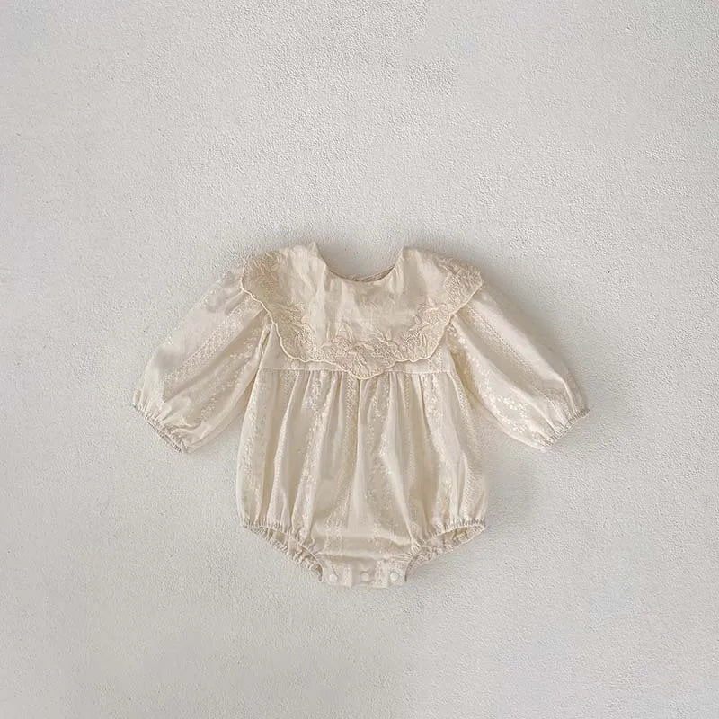 -ベビーロンパース キッズワンピース 刺繍レース 長袖ドレス リンクコーデ 姉妹お揃い お出かけ ベージュ【mh0003922】 - mamahalo shop - 長袖ロンパース -  べビー服 - 子供服 - 男の子 - 女の子