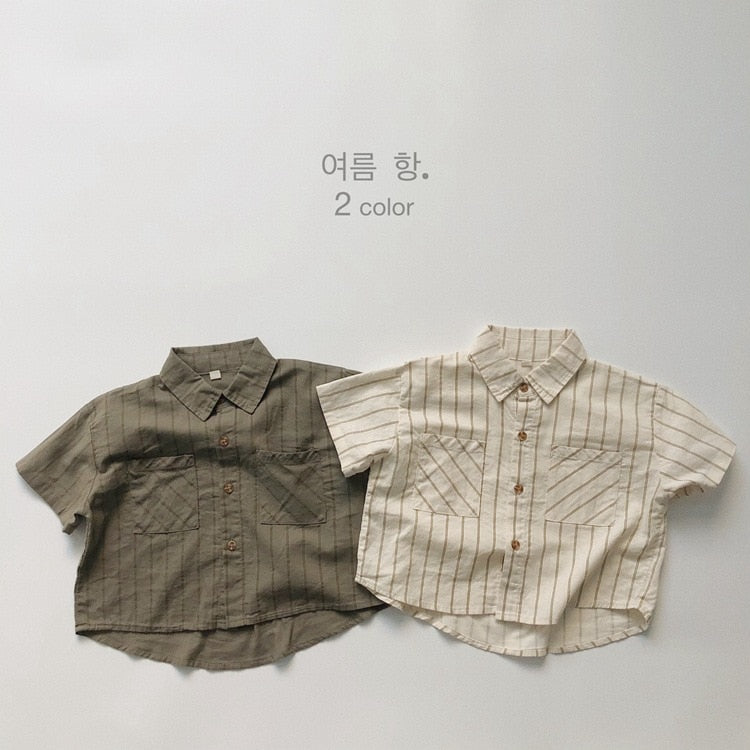 -キッズ コットンリネン ストライプ 半袖 シャツ ショートパンツ ベージュ アーミーグリーン ボーイズ【mh0002095】 - mamahalo shop - ハーフパンツ・ショートパンツ -  べビー服 - 子供服 - 男の子 - 女の子