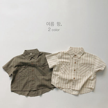 -キッズ コットンリネン ストライプ 半袖 シャツ ショートパンツ ベージュ アーミーグリーン ボーイズ【mh0002095】 - mamahalo shop - ハーフパンツ・ショートパンツ -  べビー服 - 子供服 - 男の子 - 女の子