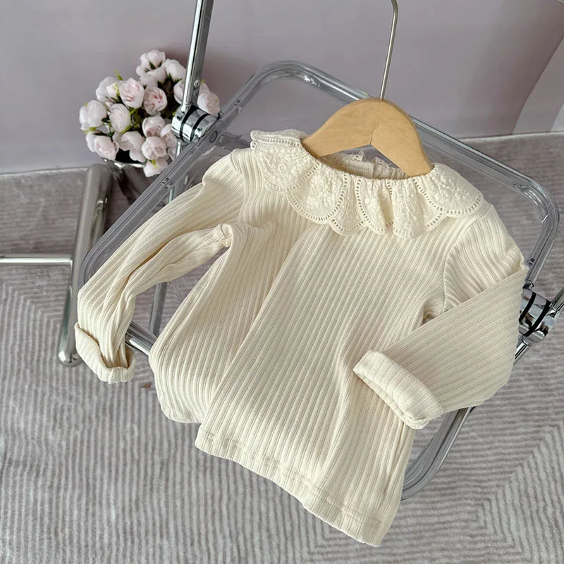 -キッズトップス 長袖Tシャツ レース襟カットソー ベージュ/コーヒー/2カラー【mh0004097】 - mamahalo shop - 長袖Tシャツ -  べビー服 - 子供服 - 男の子 - 女の子