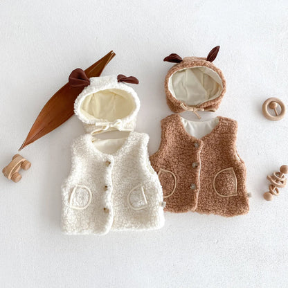 -ベビーアウター ボアフリース もこもこベスト 耳付き帽子セット コーヒー ホワイト 2カラー - mamahalo shop - ベスト -  べビー服 - 子供服 - 男の子 - 女の子