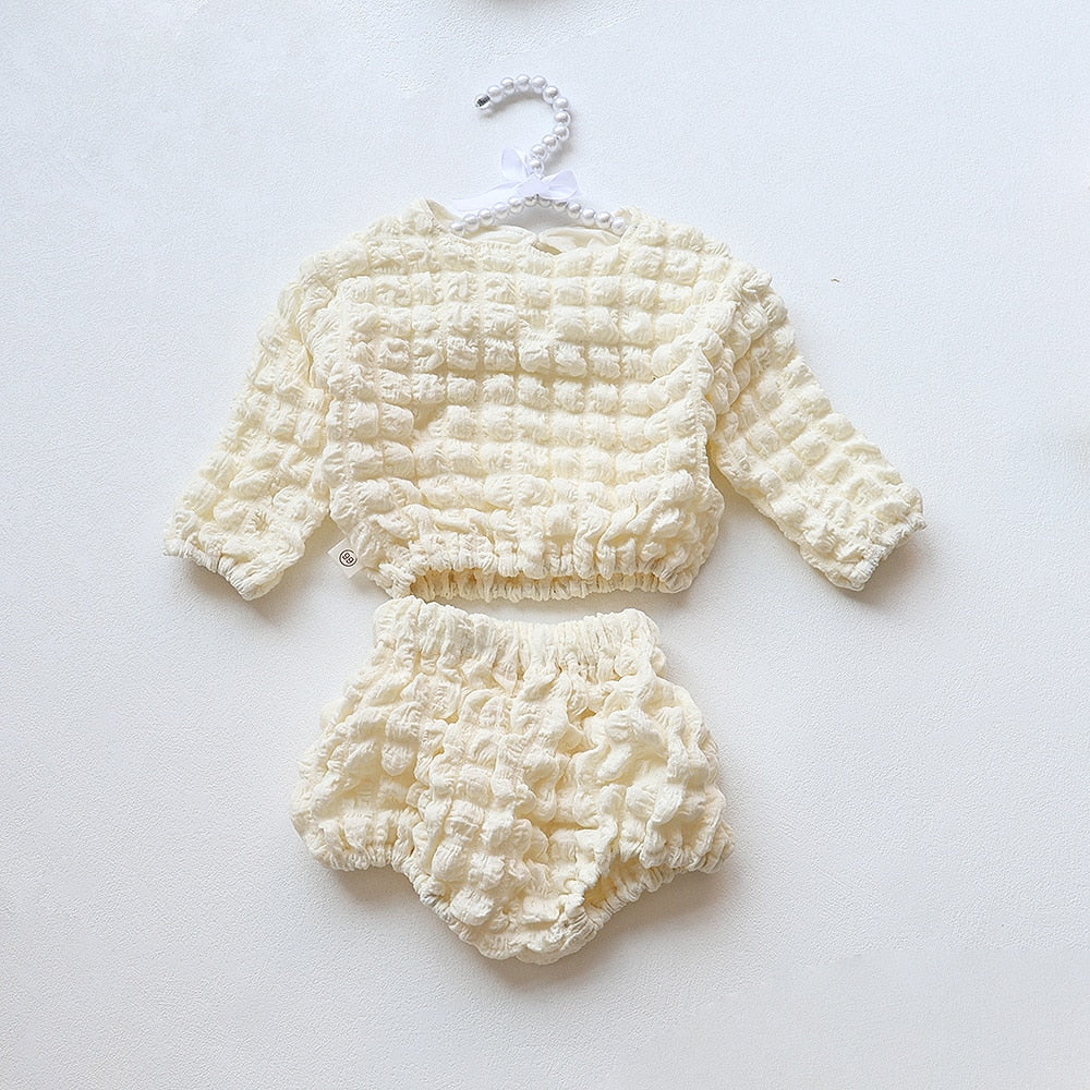 -ベビー ポップコーン セットアップ 長袖 トップス ブルマパンツ ベージュ ブラック レース フリル エプロン ドレス ガールズ - mamahalo shop - 長袖セットアップ -  べビー服 - 子供服 - 男の子 - 女の子