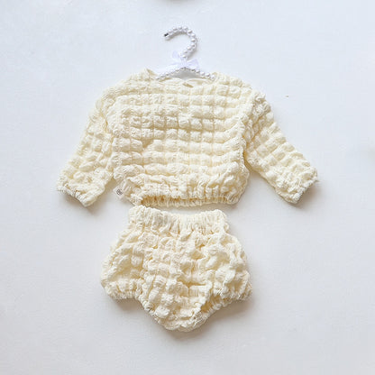 -ベビー ポップコーン セットアップ 長袖 トップス ブルマパンツ ベージュ ブラック レース フリル エプロン ドレス ガールズ - mamahalo shop - 長袖セットアップ -  べビー服 - 子供服 - 男の子 - 女の子