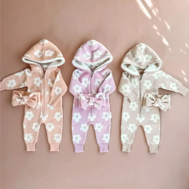 4206 Baby Clothes 2024 Autumn and Winter Sweater Jumpsuit Flower Zipper Hooded Long Sleeve Baby Girl's Climbing Clothes - mamahalo shop - 長袖ジャンプスーツ -  べビー服 - 子供服 - 男の子 - 女の子