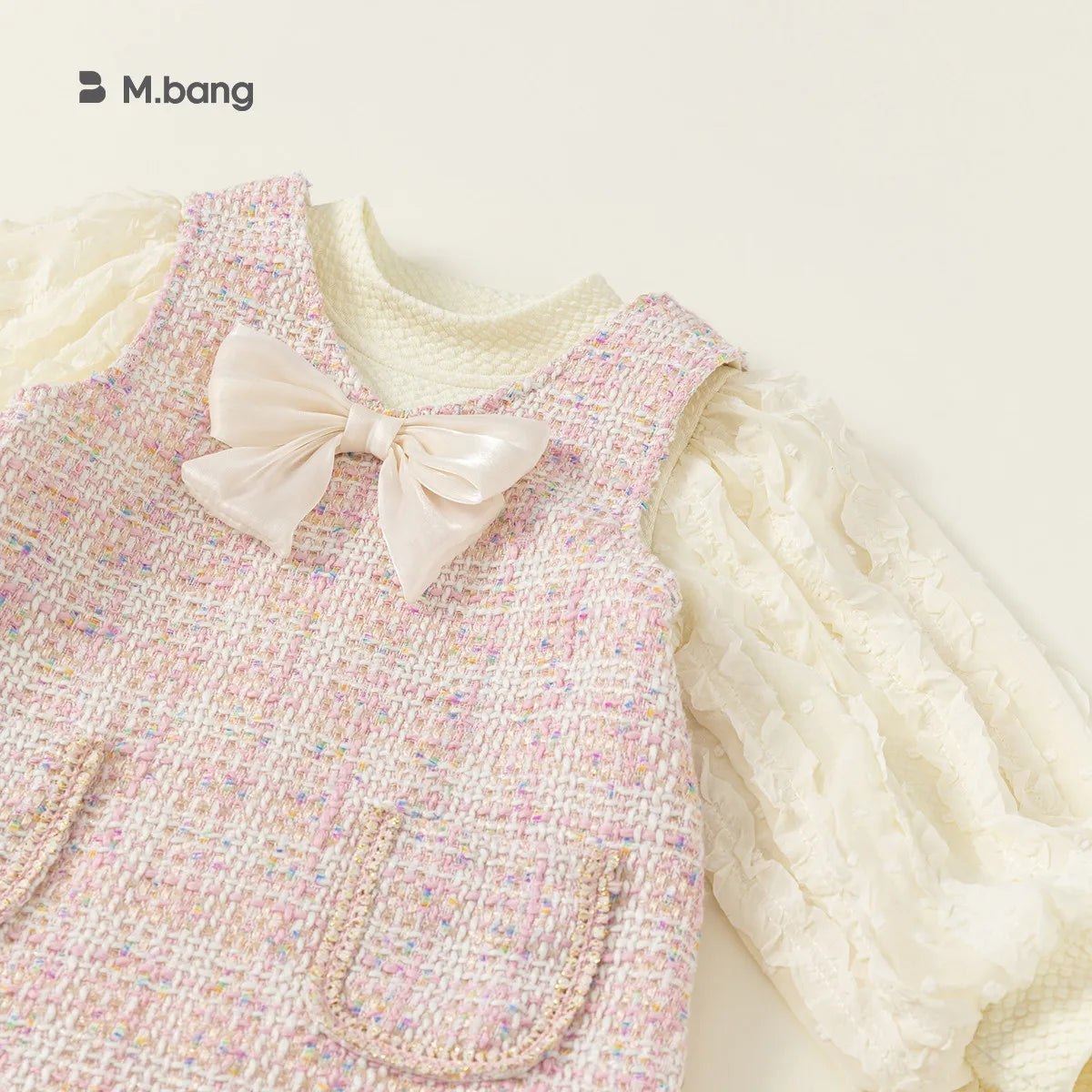 -キッズセットアップ 2点セット 長袖パフスリーブブラウス+ツイード風ノースリーブワンピース お出かけ【mh0007297】 - mamahalo shop - 長袖セットアップ -  べビー服 - 子供服 - 男の子 - 女の子