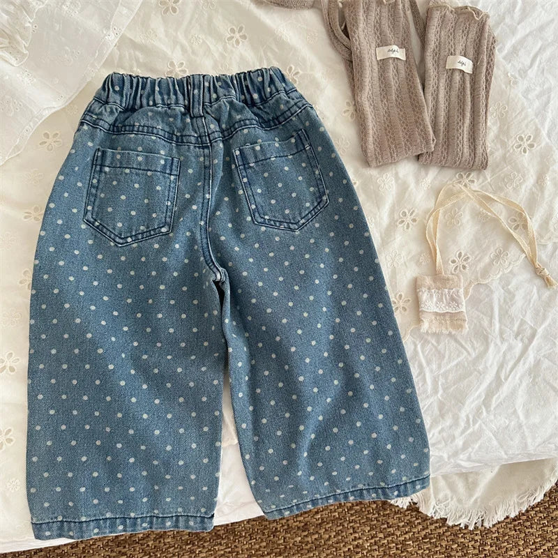 -キッズパンツ 水玉ドットワイドルーズデニムパンツ ジーンズジーパン - mamahalo shop - デニムパンツ -  べビー服 - 子供服 - 男の子 - 女の子