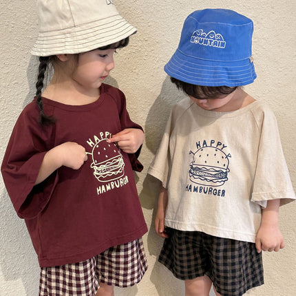 キッズ セットアップ ハンバーガー プリント 半袖 Tシャツ チェック ショートパンツ 2カラー ユニセックス - mamahalo shop - 半袖セットアップ - ベビー服 - 子供服 - 男の子 - 女の子