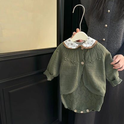 -ベビーカーディガン ロンパース ニットカーディガンセーター ニットサスペンダーボディスーツ 2カラー【mh0004401】 - mamahalo shop - カーディガン・パーカー -  べビー服 - 子供服 - 男の子 - 女の子