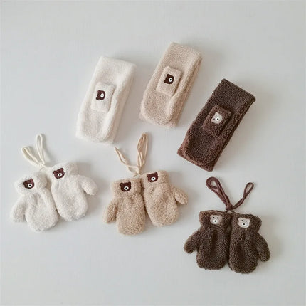 キッズマフラー 手袋 2点セット ボアフリース ネックウォーマー ミトン くまベア刺繍 3カラー ユニセックス 男の子 女の子 子供服 - mamahalo shop - ネックウォーマー - ベビー服 - 子供服 - 男の子 - 女の子