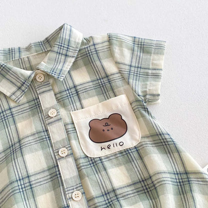 -ベビーロンパース 半袖シャツボディスーツ レトロチェック【mh0006271】 - mamahalo shop - 半袖ロンパース -  べビー服 - 子供服 - 男の子 - 女の子