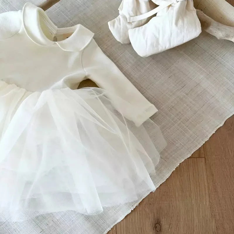 -ベビーロンパース/キッズワンピース 長袖ドレス チュチュチュールドッキングスカート ホワイト リンクコーデ 姉妹お揃いコーデ【mh0005144】 - mamahalo shop - 長袖ワンピース -  べビー服 - 子供服 - 男の子 - 女の子