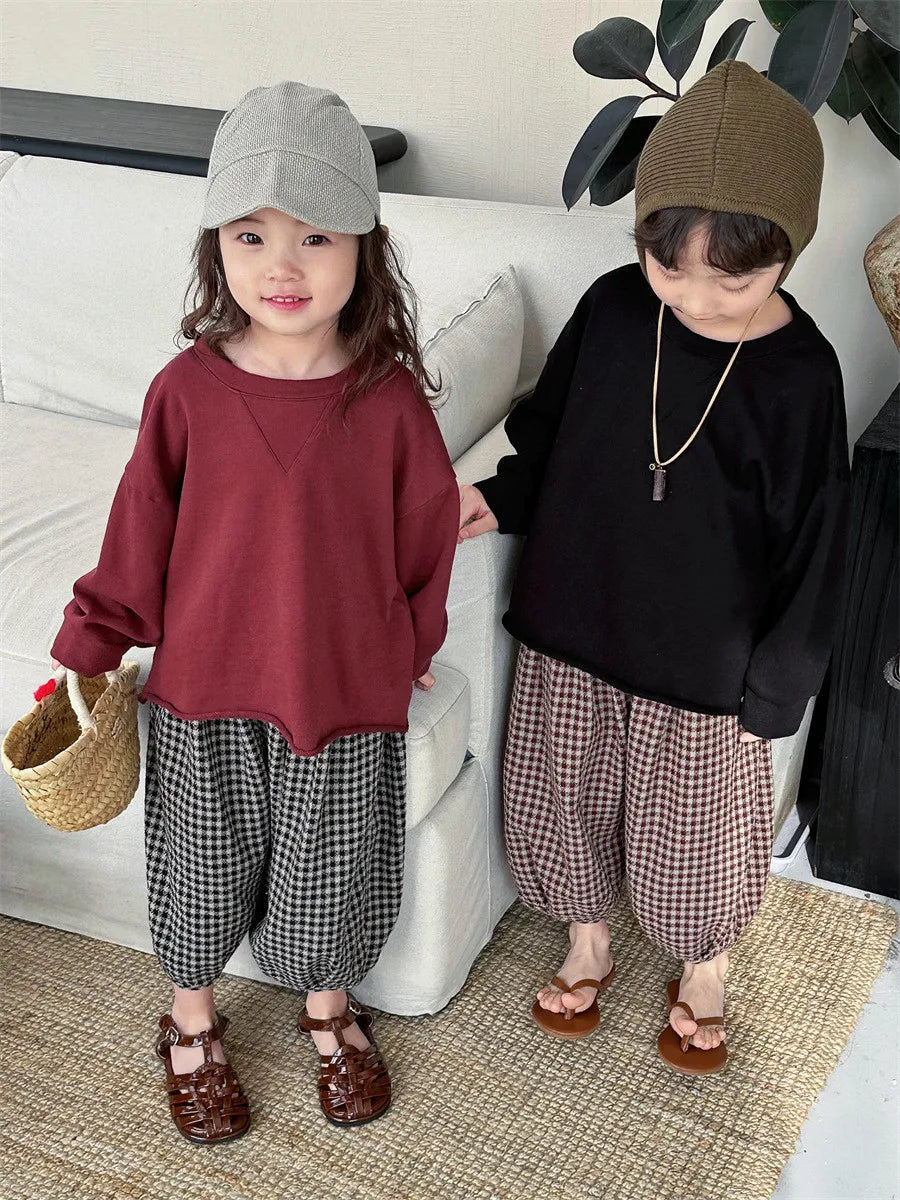 -キッズパンツ チェック柄ランタンパンツ ルーズロングパンツ コーヒーレッド/ブラック/2カラー - mamahalo shop - ロングパンツ・スウェットパンツ -  べビー服 - 子供服 - 男の子 - 女の子