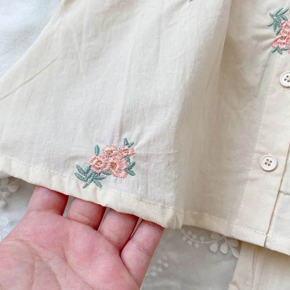 -キッズセットアップ 2点セット キャップスリーブチュニックブラウス+フリルショートパンツ フラワー花柄刺繍【mh0006090】 - mamahalo shop - 半袖セットアップ -  べビー服 - 子供服 - 男の子 - 女の子