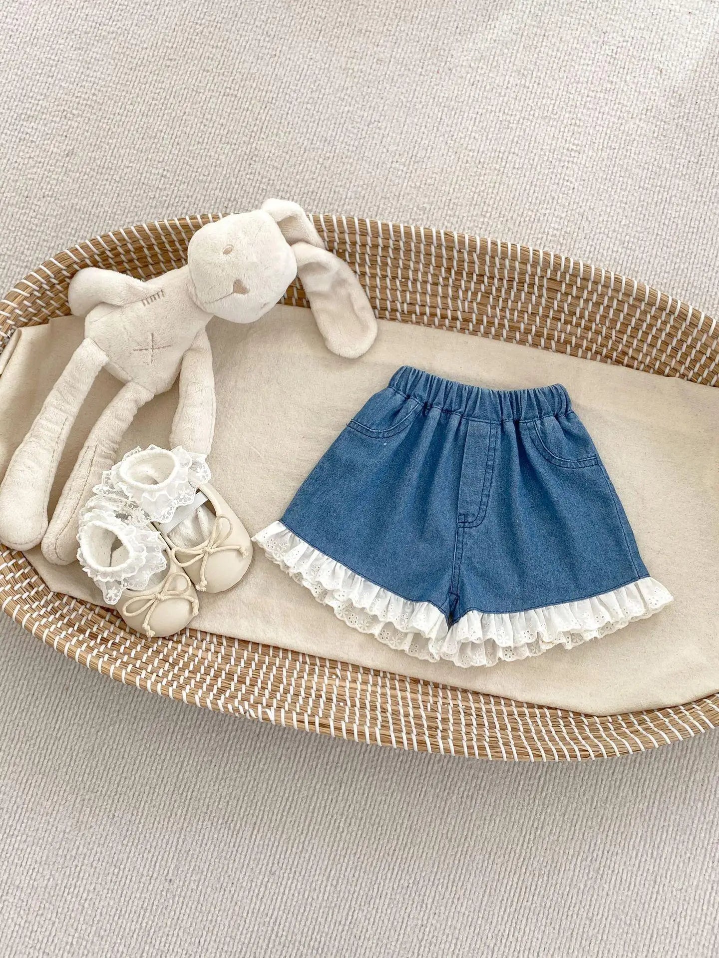 -ベビーパンツ ショートパンツ フリル レース デニム 2カラー - mamahalo shop - ハーフパンツ・ショートパンツ -  べビー服 - 子供服 - 男の子 - 女の子