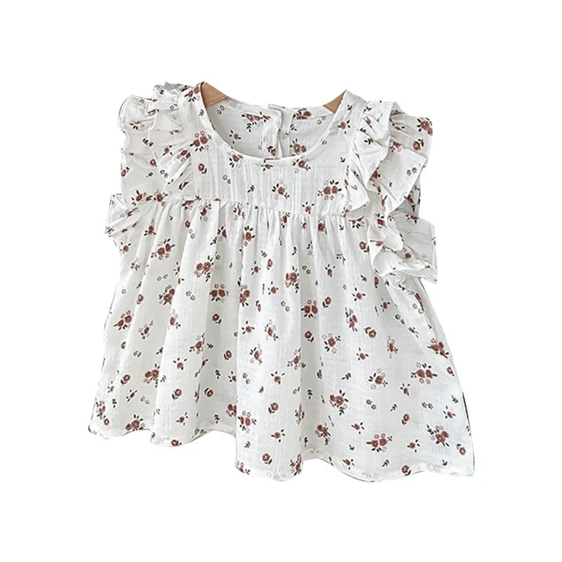 -ベビートップス バタフライスリーブ フリル ノースリーブチュニックブラウス フラワー花柄プリント 2カラー - mamahalo shop - タンクトップ・キャミソール・ノースリーブトップス -  べビー服 - 子供服 - 男の子 - 女の子