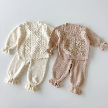 -ベビーキッズトップス/パンツ アラン編みケーブルニットセーター/裾フリルニットロングパンツ 2カラー - mamahalo shop - 長袖セットアップ -  べビー服 - 子供服 - 男の子 - 女の子