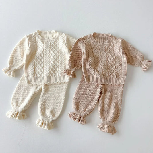 -ベビーキッズトップス/パンツ アラン編みケーブルニットセーター/裾フリルニットロングパンツ 2カラー - mamahalo shop - 長袖セットアップ -  べビー服 - 子供服 - 男の子 - 女の子