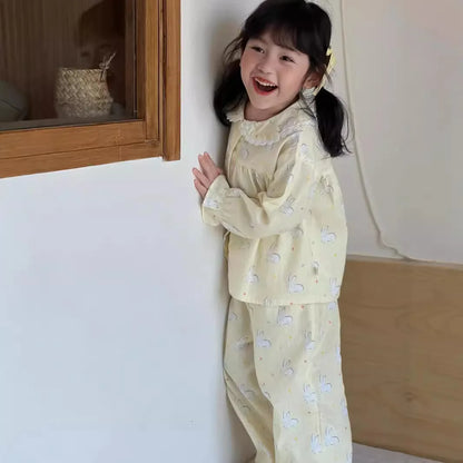 -キッズパジャマセット アップルりんご/うさぎバニープリント長袖ブラウス+ロングパンツ 3カラー - mamahalo shop - 長袖パジャマ -  べビー服 - 子供服 - 男の子 - 女の子