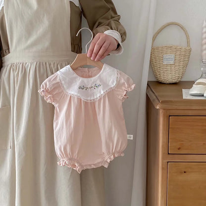 -ベビーロンパース 半袖ボディスーツ フラワー刺繍 ピンク【mh0006272】 - mamahalo shop - 半袖ロンパース -  べビー服 - 子供服 - 男の子 - 女の子