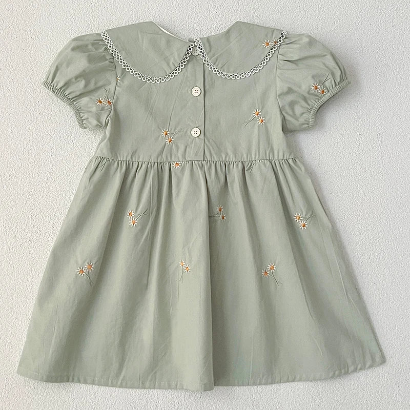 -キッズワンピース 半袖パフスリーブ フラワー花柄刺繍 丸襟 2カラー【mh0005874】 - mamahalo shop - 半袖ワンピース -  べビー服 - 子供服 - 男の子 - 女の子