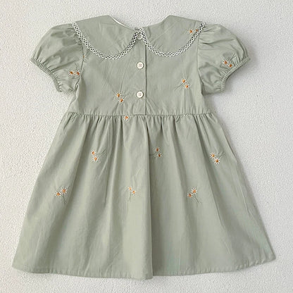 -キッズワンピース 半袖パフスリーブ フラワー花柄刺繍 丸襟 2カラー【mh0005874】 - mamahalo shop - 半袖ワンピース -  べビー服 - 子供服 - 男の子 - 女の子