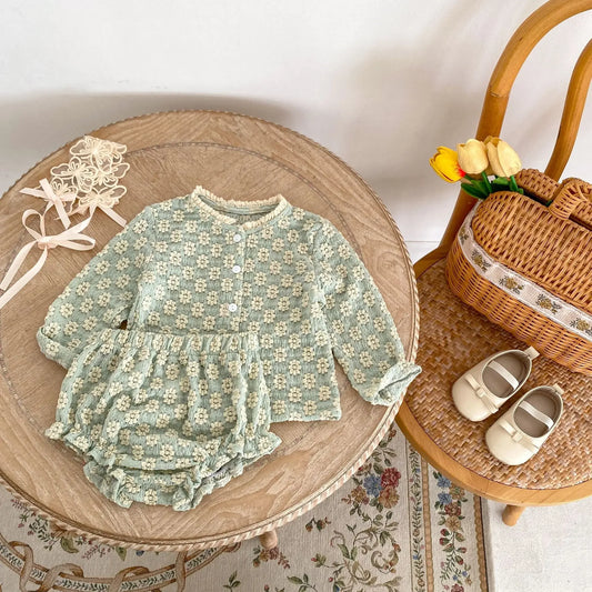 -ベビーセットアップ 2点セット フラワー柄レースニットカーディガン+フリルブルマパンツ 2カラー - mamahalo shop - 長袖セットアップ -  べビー服 - 子供服 - 男の子 - 女の子