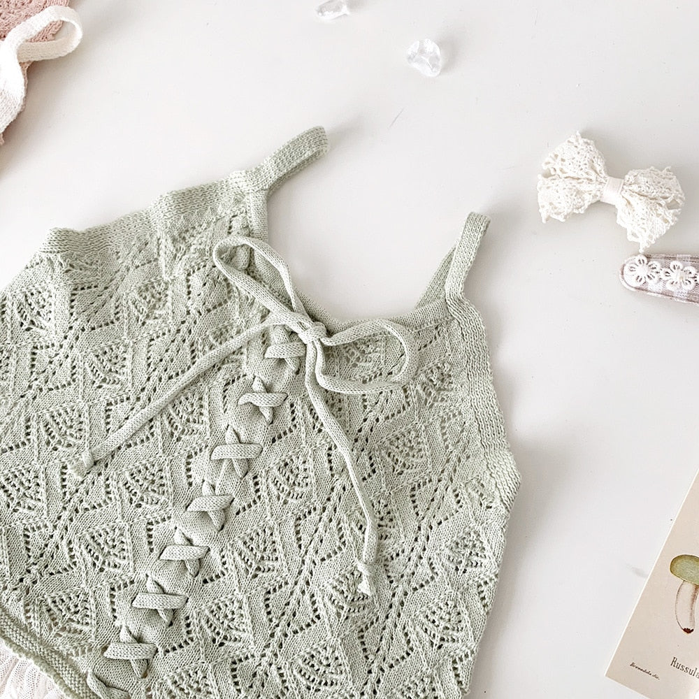 -ベビー キッズ サマーニット 編み上げ レース キャミソール ペプラム トップス ブラウス ピンク クリームアイボリー グリーン ガールズ - mamahalo shop - タンクトップ・キャミソール・ノースリーブトップス -  べビー服 - 子供服 - 男の子 - 女の子