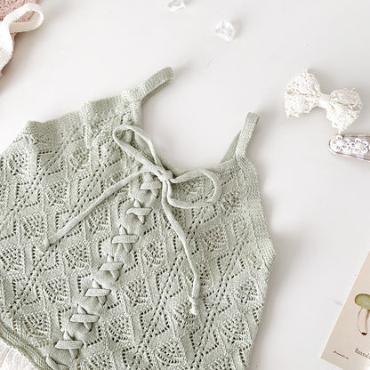 -ベビー キッズ サマーニット 編み上げ レース キャミソール ペプラム トップス ブラウス ピンク クリームアイボリー グリーン ガールズ - mamahalo shop - タンクトップ・キャミソール・ノースリーブトップス -  べビー服 - 子供服 - 男の子 - 女の子