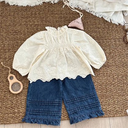 -キッズパンツ 裾フリルボーダーアクセントワイドルーズデニムパンツ ジーンズ【mh0007080】 - mamahalo shop - デニムパンツ -  べビー服 - 子供服 - 男の子 - 女の子