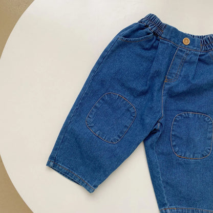 -キッズパンツ デニムパンツ 膝パッチ レトロ ジーンズ ジーパン【mh0006543】 - mamahalo shop - デニムパンツ -  べビー服 - 子供服 - 男の子 - 女の子