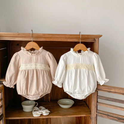 -ベビーロンパース スタンドフリルカラーレース長袖ボディスーツ 2カラー - mamahalo shop - 長袖ロンパース -  べビー服 - 子供服 - 男の子 - 女の子