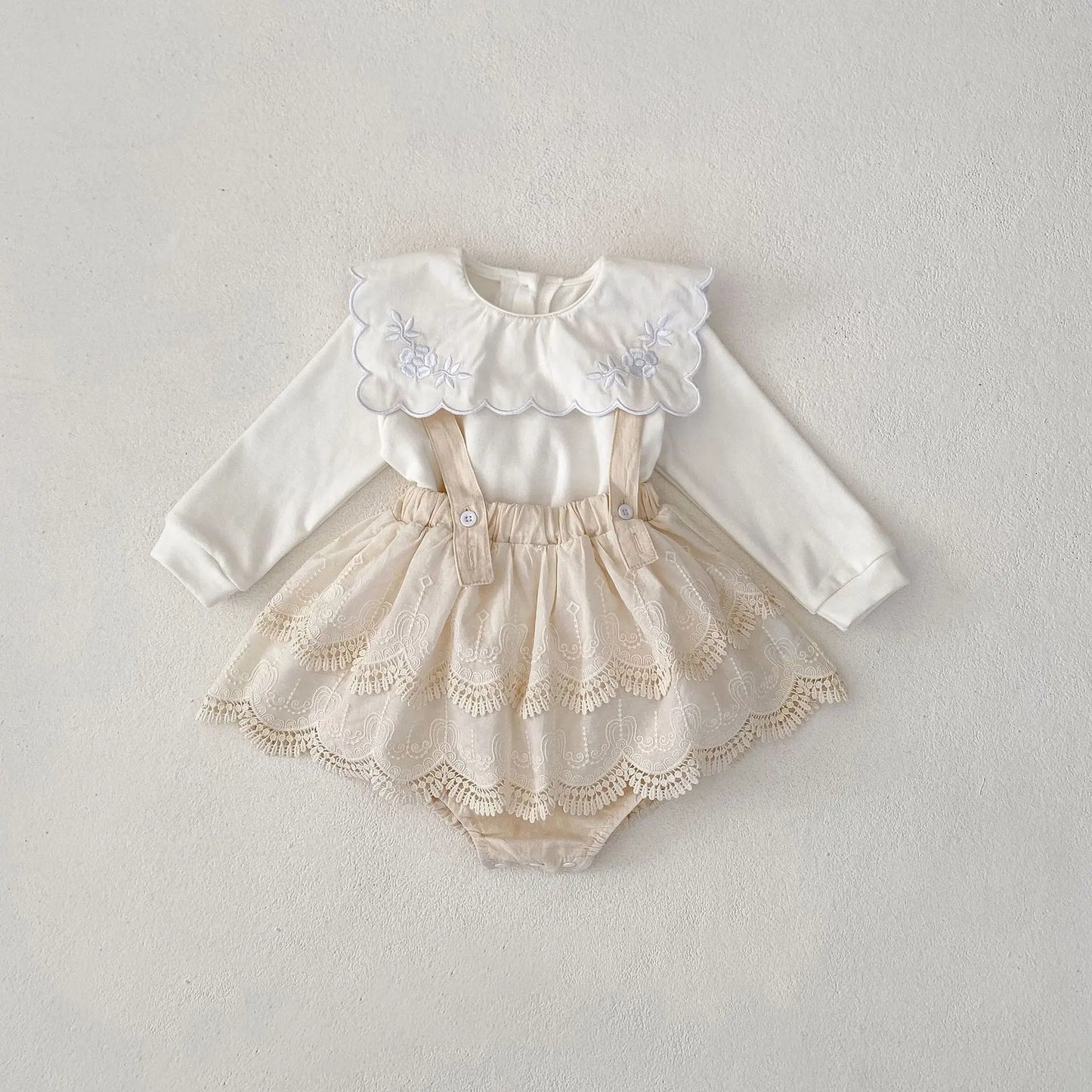 -ベビートップス/パンツ 水玉ドット/無地スクエア襟長袖Tシャツ/サスペンダーレーススカートブルマパンツ - mamahalo shop - 長袖セットアップ -  べビー服 - 子供服 - 男の子 - 女の子