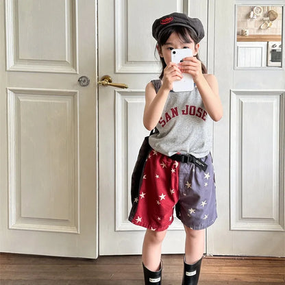 -キッズパンツ 星スタープリント バイカラー パッチワーク ショートパンツ 2カラー【mh0005440】 - mamahalo shop - ハーフパンツ・ショートパンツ -  べビー服 - 子供服 - 男の子 - 女の子