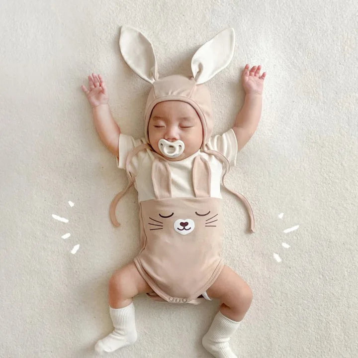 -ベビー うさぎ うさ耳 バニー ドッキング 半袖 ロンパース 耳帽子 セット ピンク アプリコット ユニセックス【mh0001994】 - mamahalo shop - 半袖ロンパース -  べビー服 - 子供服 - 男の子 - 女の子