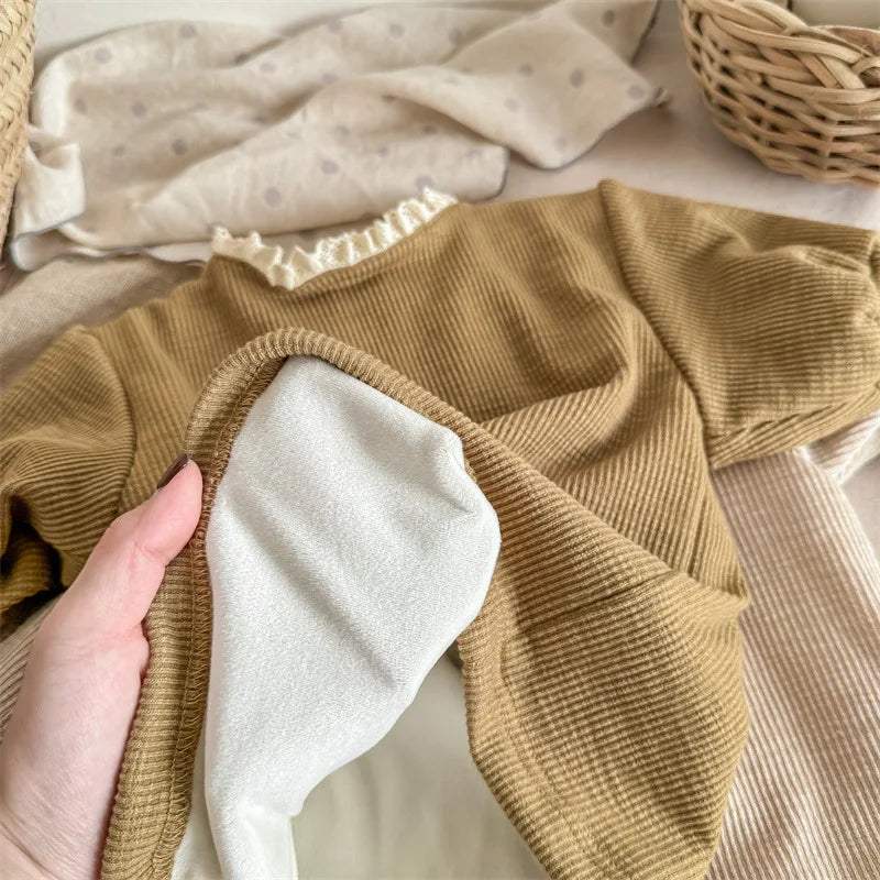 -キッズカットソー ニットTシャツ レースフリル 長袖パフスリーブ 裏フリース 2カラー ガールズ 女の子 子供服 - mamahalo shop - 長袖Tシャツ -  べビー服 - 子供服 - 男の子 - 女の子