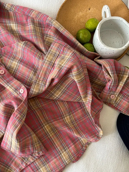 -キッズトップス レトロチェック長袖シャツ ピンク - mamahalo shop - 長袖シャツ・ブラウス -  べビー服 - 子供服 - 男の子 - 女の子