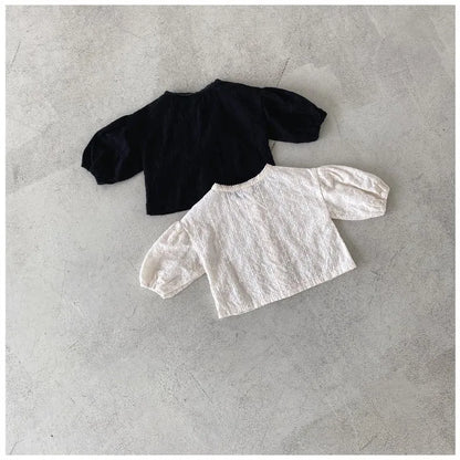 -ベビートップス/パンツ レース刺繍ノーカラー長袖ブラウス/リボンプリントフリルスカートサスペンダーブルマ 2カラー - mamahalo shop - 長袖セットアップ -  べビー服 - 子供服 - 男の子 - 女の子