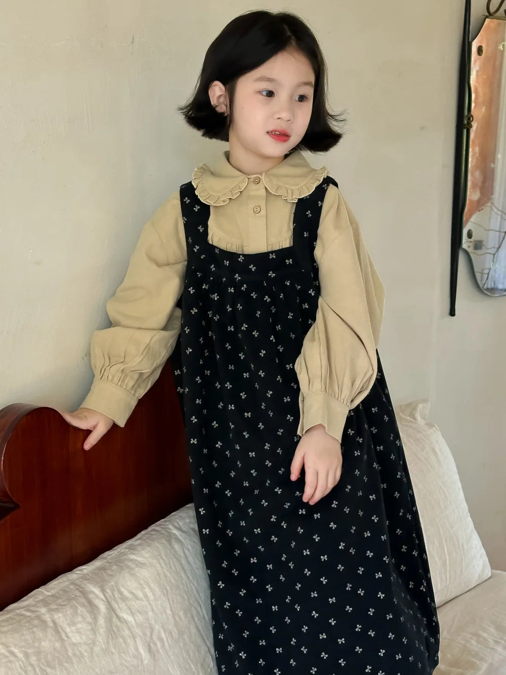 -キッズトップス/ワンピース フリル丸襟シャツブラウス/フラワープリントサスペンダーワンピース【mh0007421】 - mamahalo shop - 長袖セットアップ -  べビー服 - 子供服 - 男の子 - 女の子