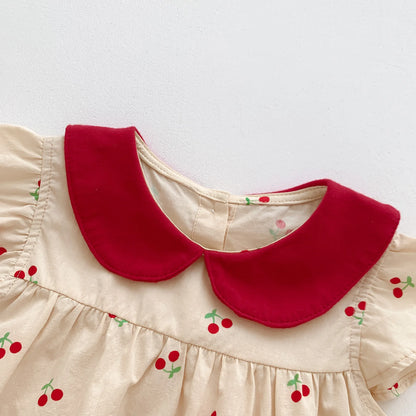 -ベビーロンパース フリルスリーブボディスーツ チェリーさくらんぼプリント アプリコット【mh0005205】 - mamahalo shop - 半袖ロンパース -  べビー服 - 子供服 - 男の子 - 女の子