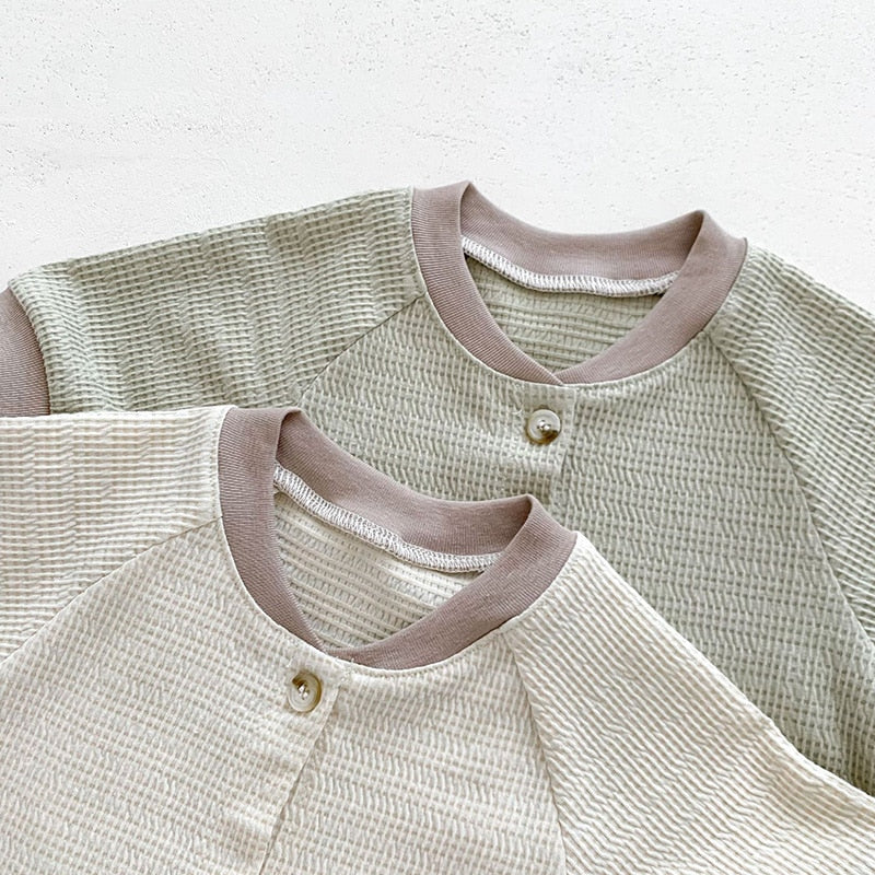 -ベビー ワッフル バイピング 半袖 ロンパース ライトグリーン ベージュ ユニセックス【mh0002012】 - mamahalo shop - 半袖ロンパース -  べビー服 - 子供服 - 男の子 - 女の子