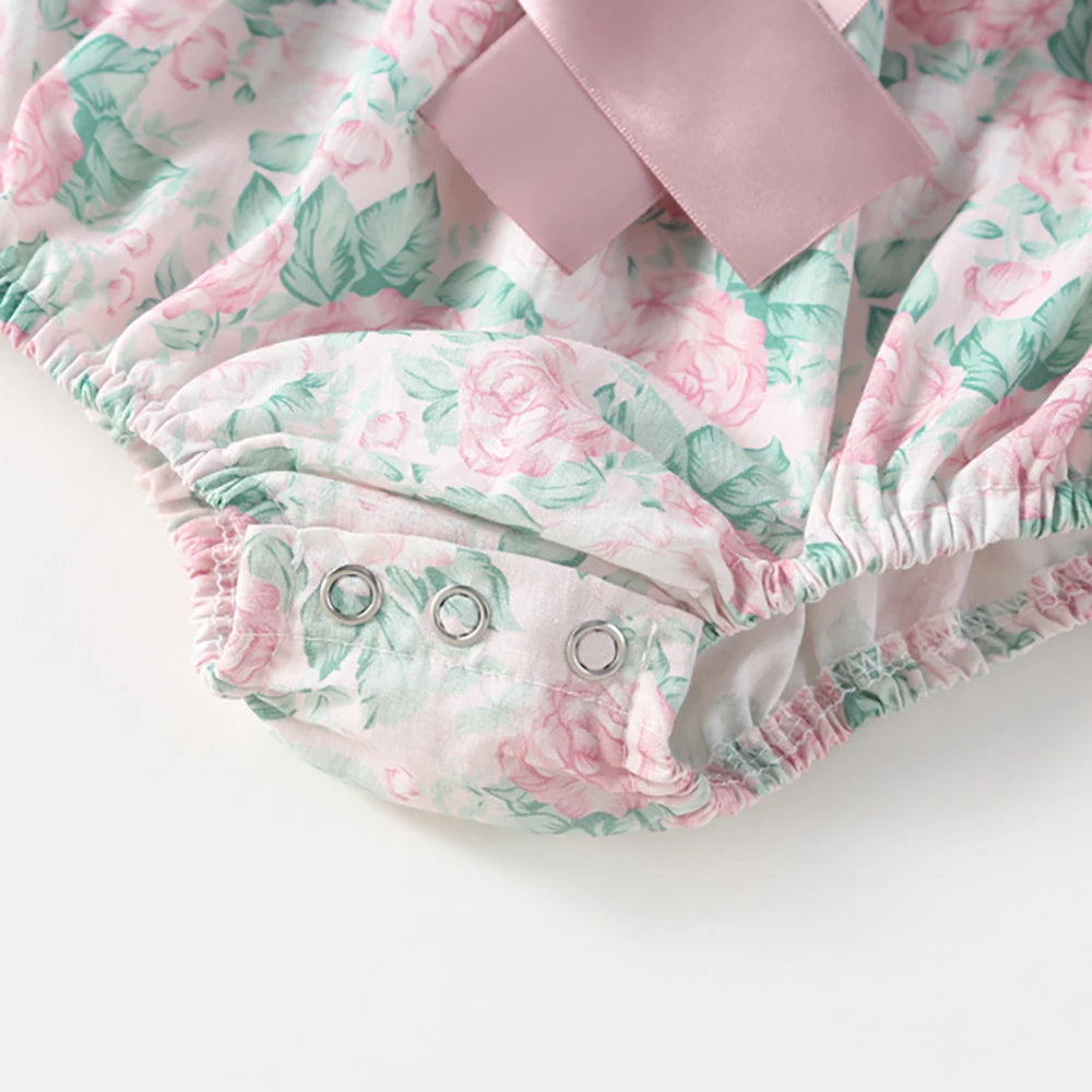 -ベビーロンパース 半袖ボリュームパフスリーブ リボン フラワープリント ベビードレス ヘアバンドセット - mamahalo shop - 半袖ロンパース -  べビー服 - 子供服 - 男の子 - 女の子