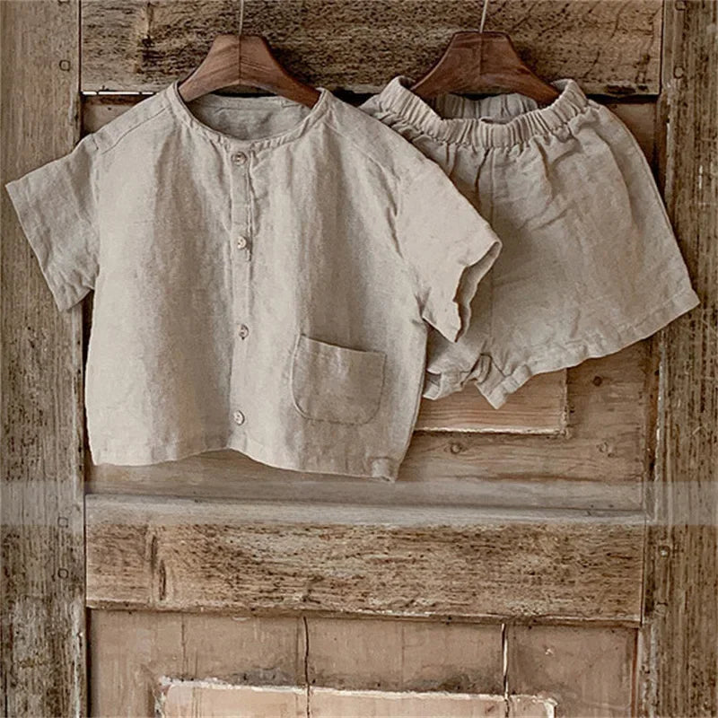 -キッズセットアップ 2点セット 半袖シャツ+ショートパンツ シンプルベーシック 2カラー【mh0006035】 - mamahalo shop - 半袖セットアップ -  べビー服 - 子供服 - 男の子 - 女の子