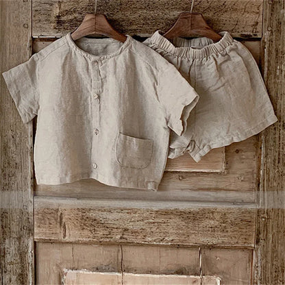 -キッズセットアップ 2点セット 半袖シャツ+ショートパンツ シンプルベーシック 2カラー【mh0006035】 - mamahalo shop - 半袖セットアップ -  べビー服 - 子供服 - 男の子 - 女の子