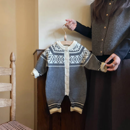 -ベビーロンパース ニット長袖ジャンプスーツ ダイヤモンドトライバル柄 グレー【mh0004408】 - mamahalo shop - 長袖ロンパース -  べビー服 - 子供服 - 男の子 - 女の子